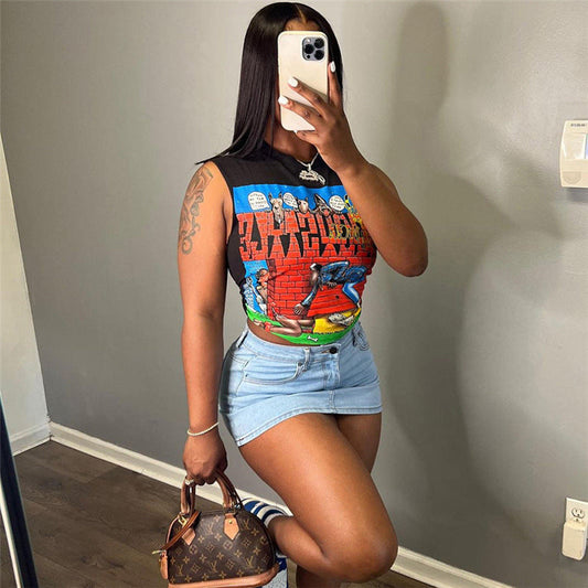Women's Fashion Cartoon Print Short Slim Fit Sleeveless Top