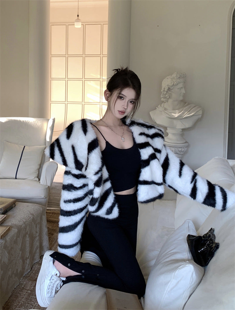 Heavy Industry Large Lapel Zebra Pattern Environmental Protection Fur Short Coat