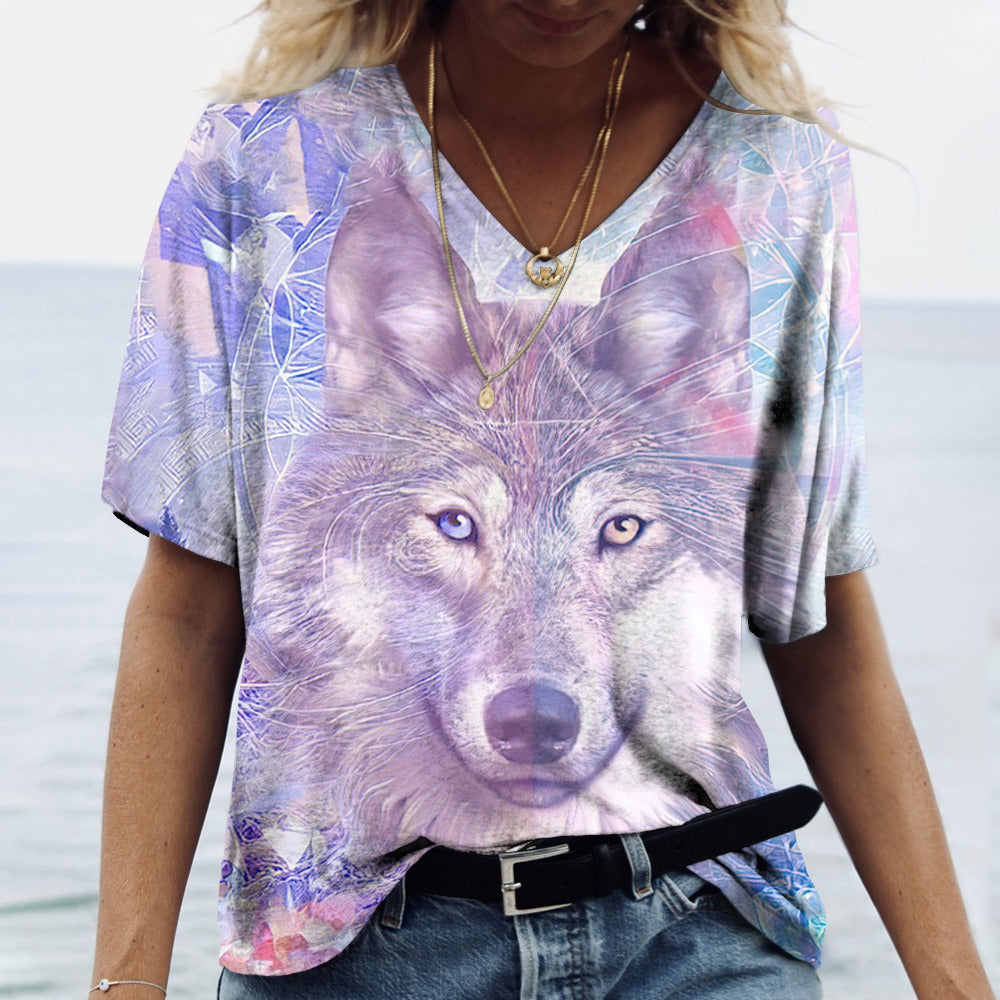 Women's Face Print Short Sleeve V-neck