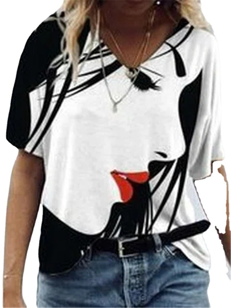 Women's Face Print Short Sleeve V-neck