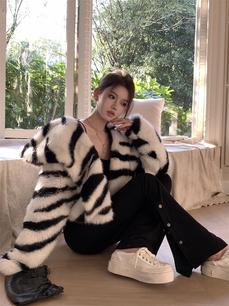 Heavy Industry Large Lapel Zebra Pattern Environmental Protection Fur Short Coat