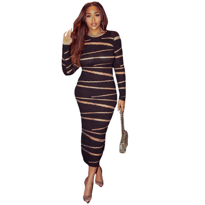 Autumn Mesh Stitching See-through High Waist Sheath Long Dress