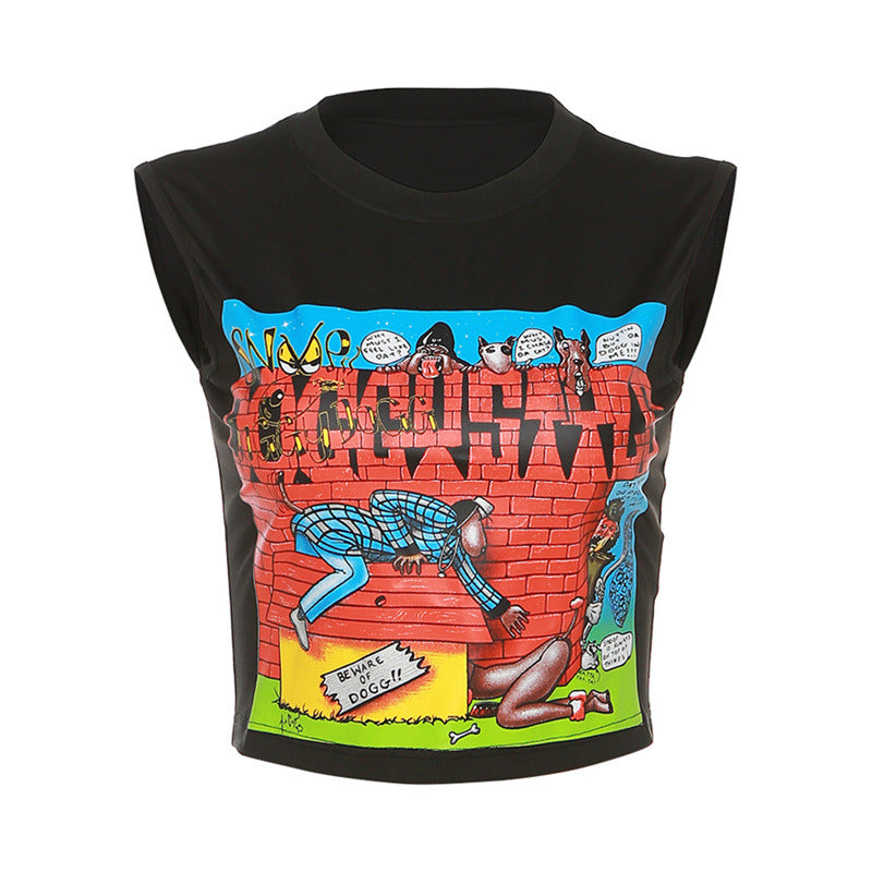 Women's Fashion Cartoon Print Short Slim Fit Sleeveless Top