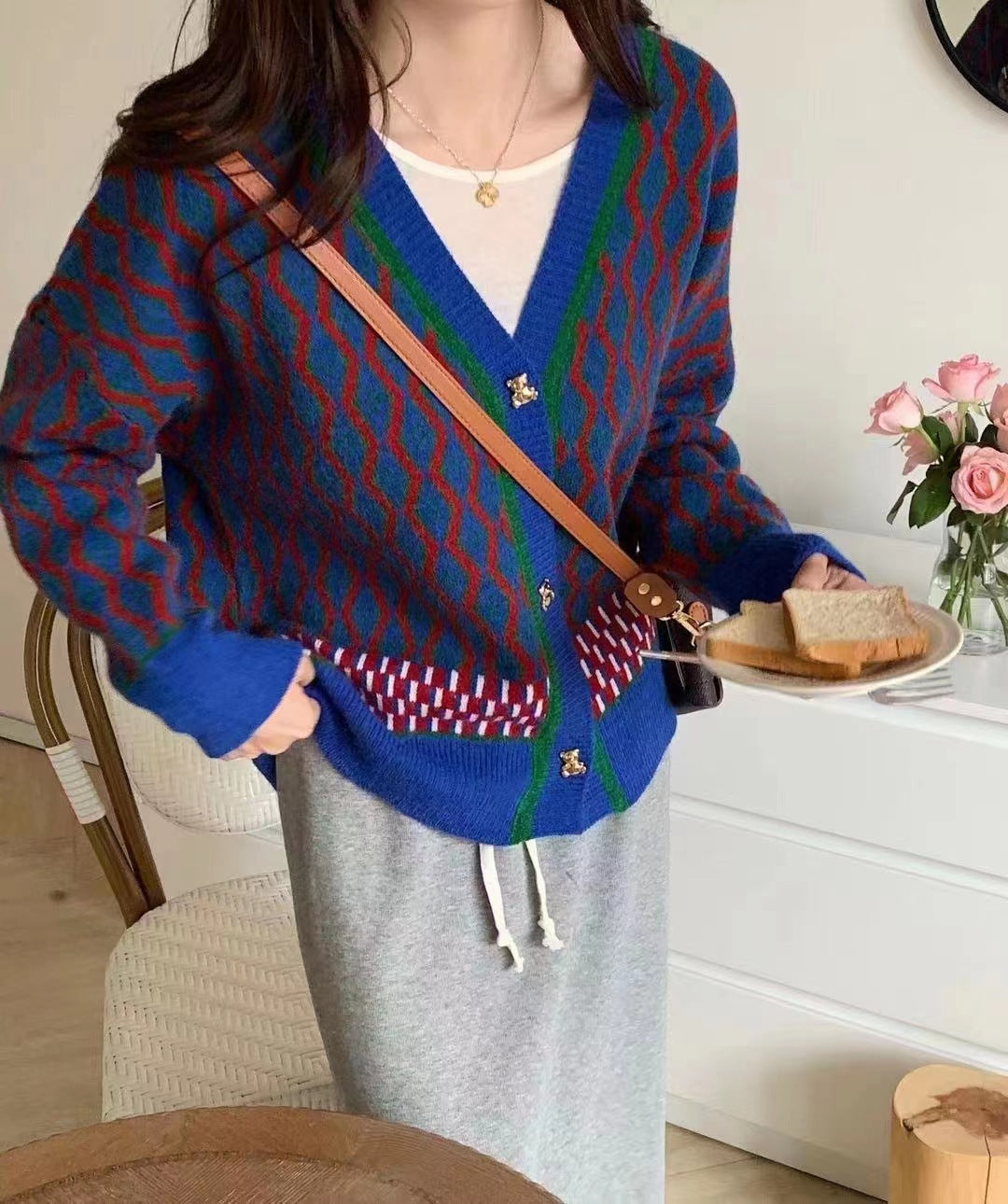 Women's Retro Casual V-neck Bear Button Sweater Cardigan Coat