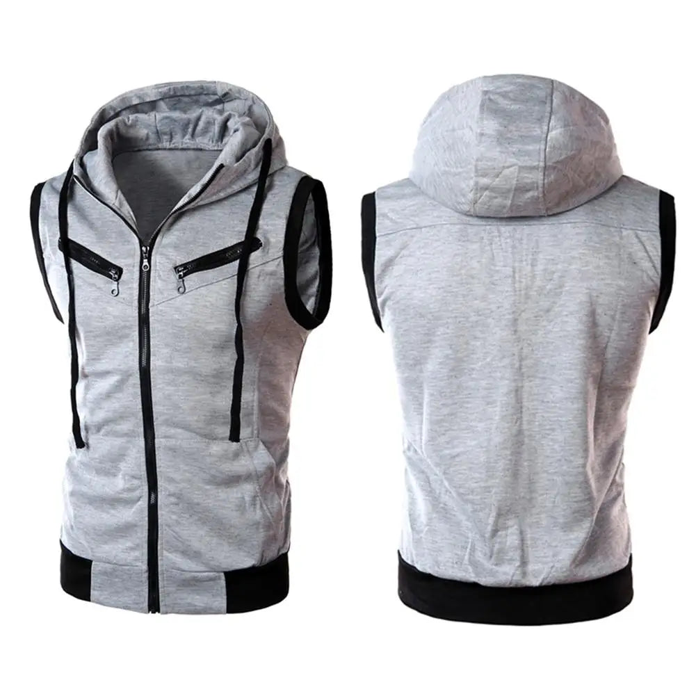 Color Block Summer Sports Men Zipper Sleeveless Fitness Hoodies Hooded Vest Men's Clothing