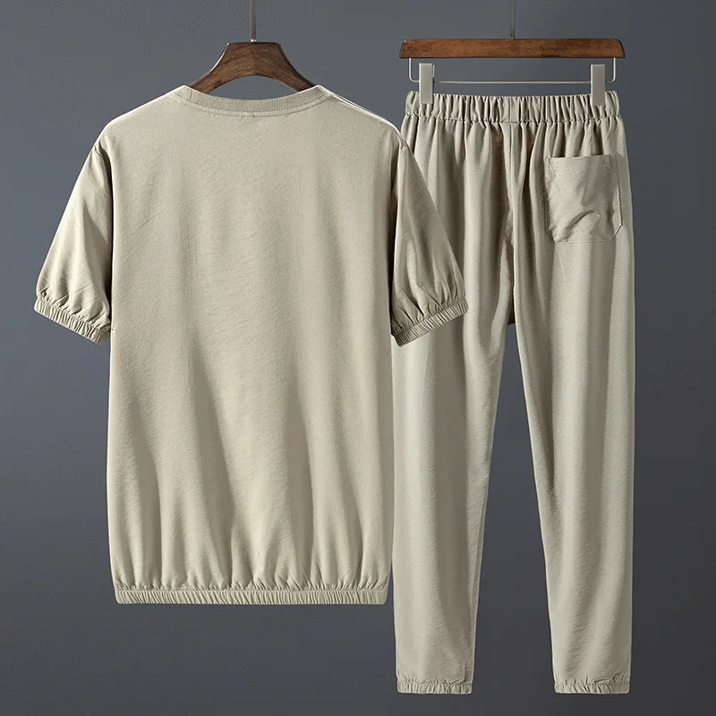 Men's Sports Leisure Suit Ice Silk 2021 Summer New Korean Trend Short-sleeved Tide Brand Fashion Men's Clothing