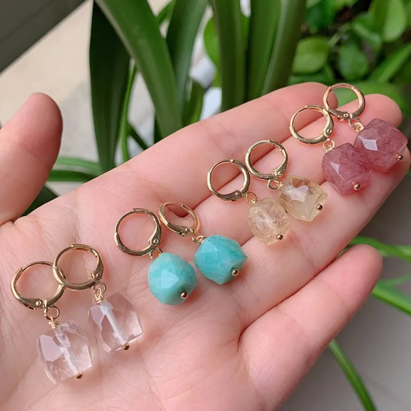 Natural Quartz Stone Earring Cute Small Circle Ear Loop Square Drop Amethysts Citrines Amazonite Clear Crystal Earring for Women
