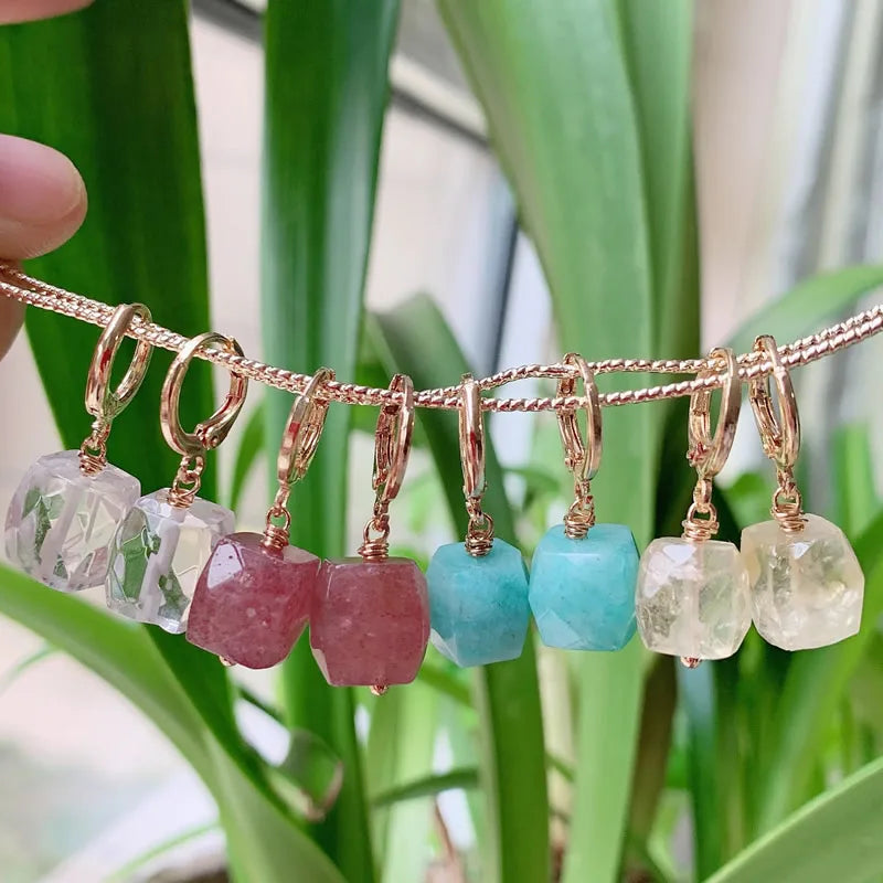 Natural Quartz Stone Earring Cute Small Circle Ear Loop Square Drop Amethysts Citrines Amazonite Clear Crystal Earring for Women