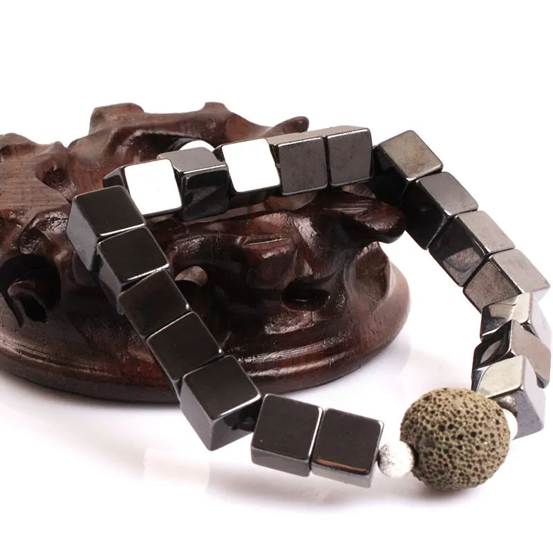 Magnetic Bracelet Beads Hematite Stone Therapy Health Care Magnet Cube Hematite Beads Bracelet For Men's Jewelry Gifts 7 inch