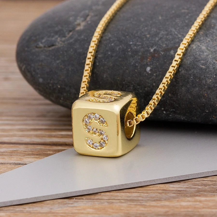 Nidin Hot Sale A-Z Initials Micro Pave Copper Cube Letter Pendant Necklaces For Women Men Charm Chain Family Name Jewelry Gift