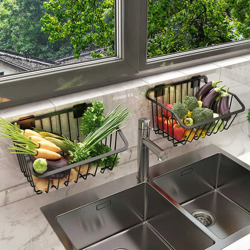 Black Stainless Steel Kitchen Wall Hanging Storage Basket Spice Rack Fruit Vegetables Drainer Organizer Dish Tools Drying Shelf