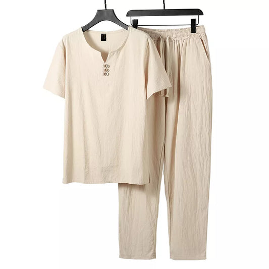 8XL 9XL Plus Size Men's Clothing Vintage Tracksuit 2023 Summer Spring Home Suit Linen T Shirt Casual Male Set Chinese Style Set