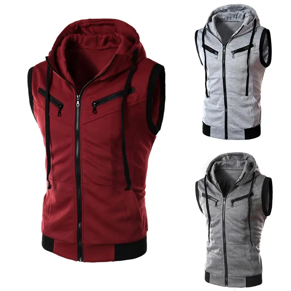 Color Block Summer Sports Men Zipper Sleeveless Fitness Hoodies Hooded Vest Men's Clothing