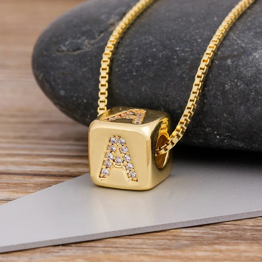 Nidin Hot Sale A-Z Initials Micro Pave Copper Cube Letter Pendant Necklaces For Women Men Charm Chain Family Name Jewelry Gift