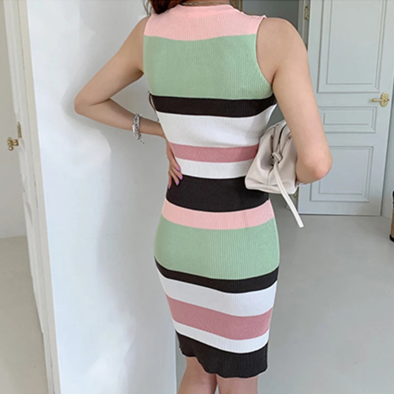 H Han Queen Elegant Occupation Sleeveless Knitted Dress Women Autumn Stretch Striped Bodycon Dresses Wear To Work Pencil Vestido