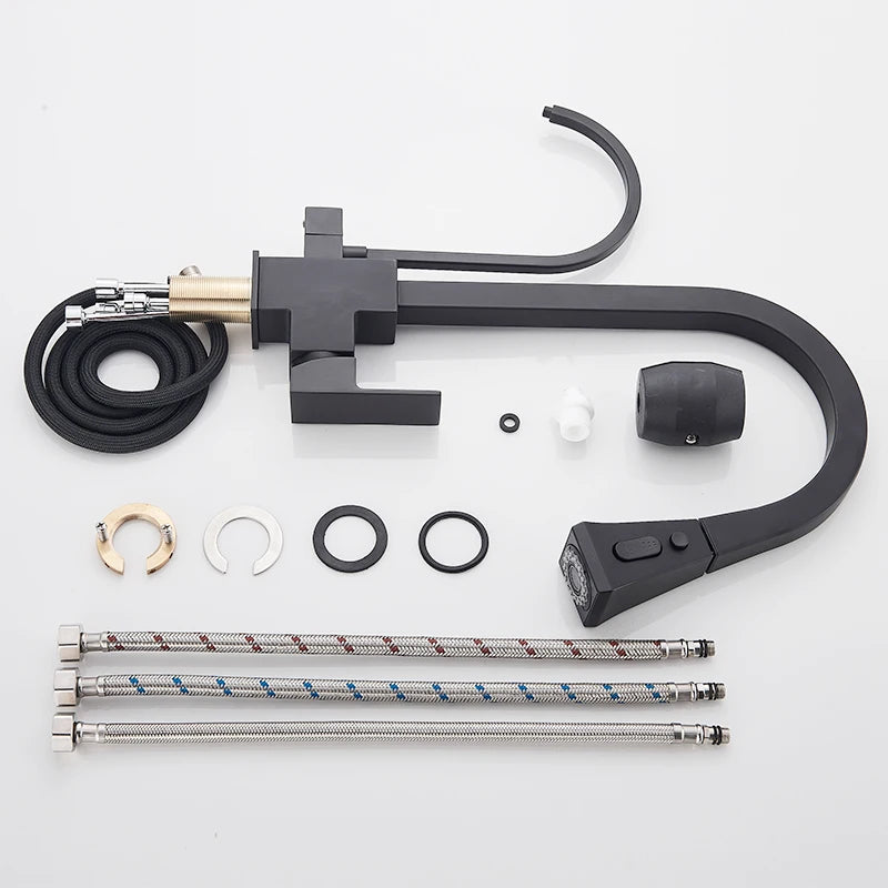 Quyanre Matte Black Square Filtered Kitchen Faucet Pull Out 360 Rotation Hot Cold Water Crane For Kitchen Drinking Water Taps