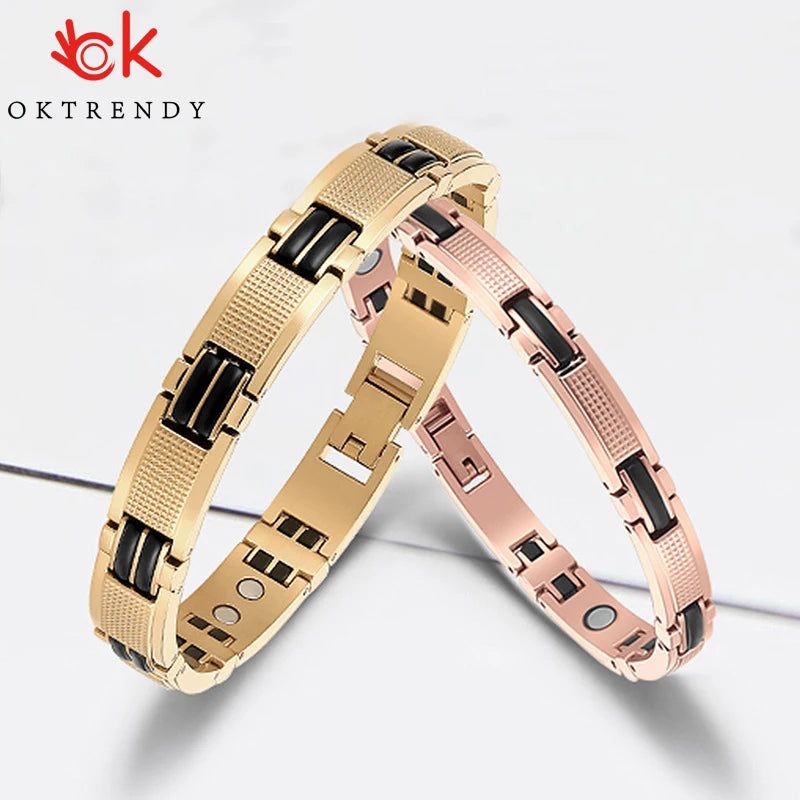 Oktrendy Couple Magnetic Stainless Steel Bracelet With Hook Buckle Clasp Therapy Bangles Man Health Care Jewelry Men's Bracelets