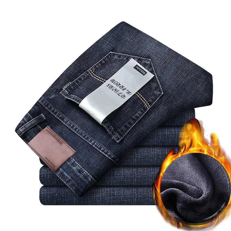 Fleece Warm Men's Jeans 2022 New Straight Winter Classic Business Casual Thickening Elastic Brand Pants Blue Black Jeans