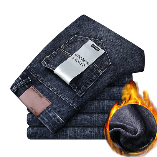 Fleece Warm Men's Jeans 2022 New Straight Winter Classic Business Casual Thickening Elastic Brand Pants Blue Black Jeans