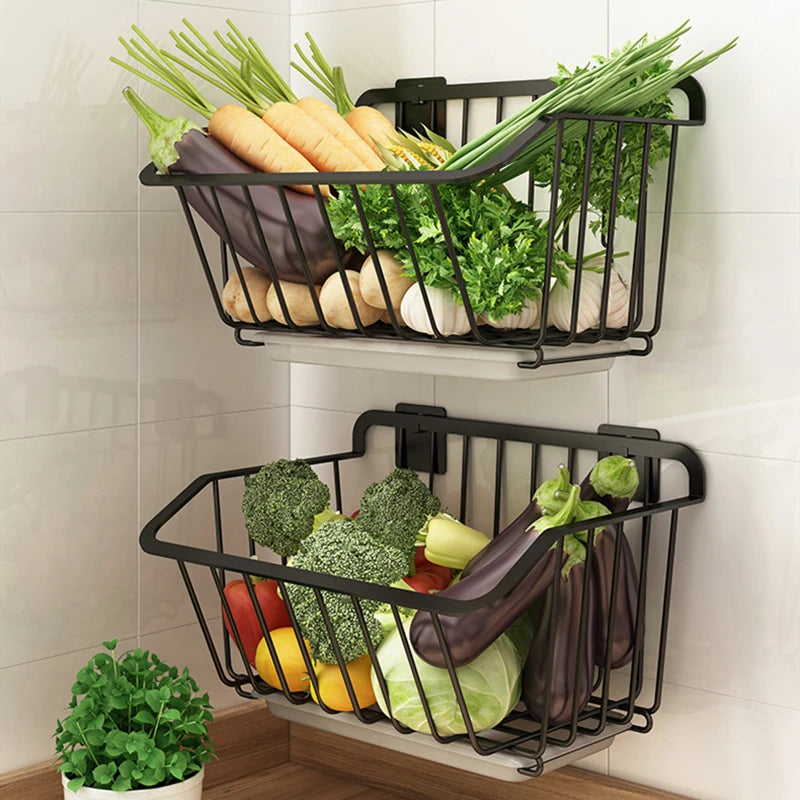 Black Stainless Steel Kitchen Wall Hanging Storage Basket Spice Rack Fruit Vegetables Drainer Organizer Dish Tools Drying Shelf