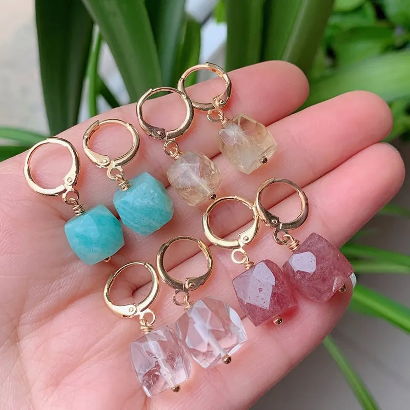 Natural Quartz Stone Earring Cute Small Circle Ear Loop Square Drop Amethysts Citrines Amazonite Clear Crystal Earring for Women
