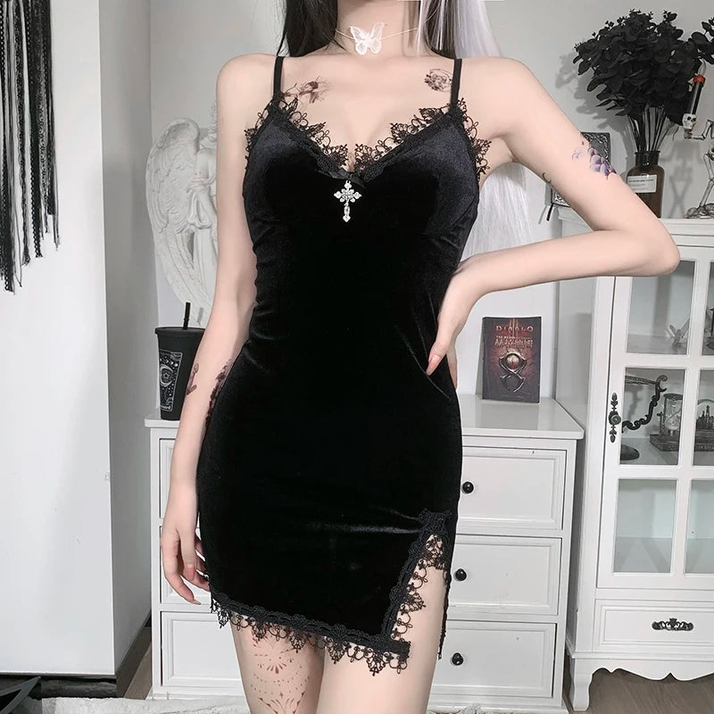 InsDoit Mall Gothic Velvet Summer Dress Women Vintage Punk Grunge Lace Sexy Dress Harajuku Print Streetwear Y2K Aesthetic Dress
