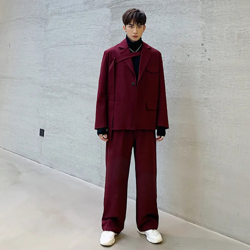 IEFB Niche Men's Clothing Red Irregular Tie fit Blazers Loose Jacket + Casual Suit Pants 2023 Autumn New Set 9Y52703