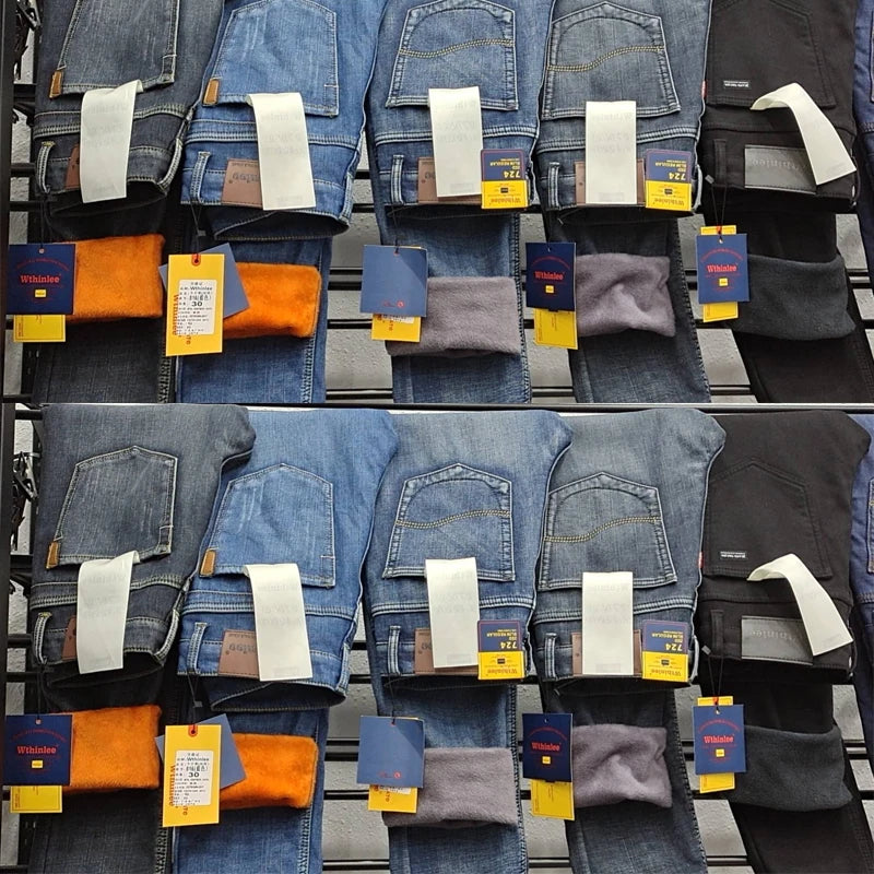 Fleece Warm Men's Jeans 2022 New Straight Winter Classic Business Casual Thickening Elastic Brand Pants Blue Black Jeans