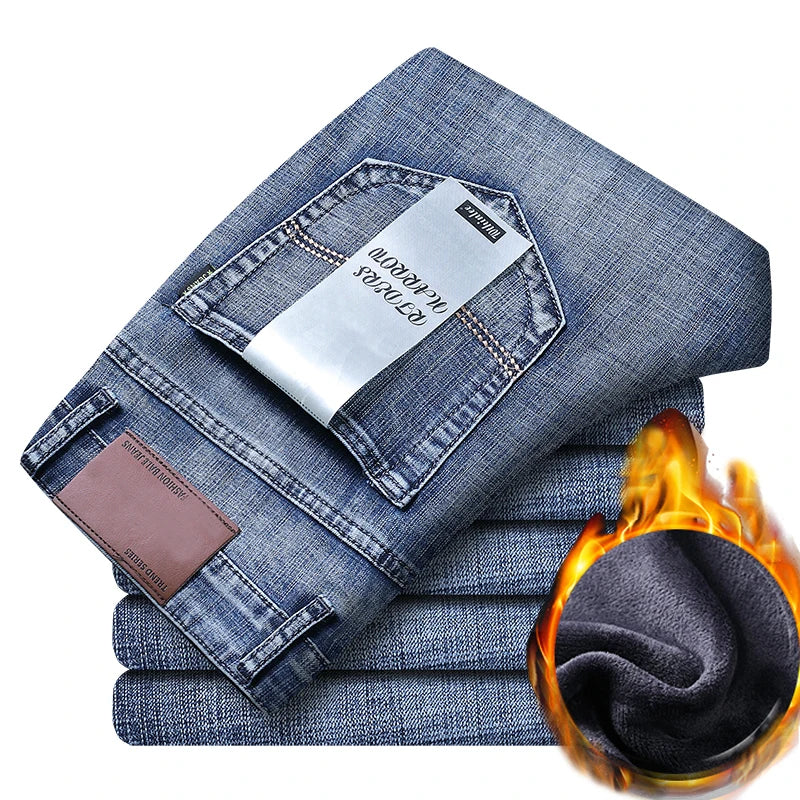Fleece Warm Men's Jeans 2022 New Straight Winter Classic Business Casual Thickening Elastic Brand Pants Blue Black Jeans