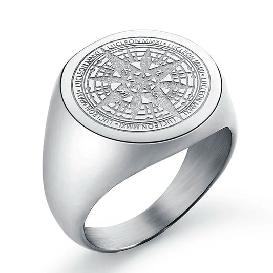 Men's Signet Ring Round Engrave Compass Ring for Men Women Stainless Stainless Simple Silver Tone Rings Jewelry Drop Shipping