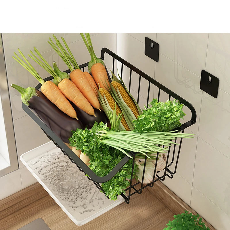 Black Stainless Steel Kitchen Wall Hanging Storage Basket Spice Rack Fruit Vegetables Drainer Organizer Dish Tools Drying Shelf