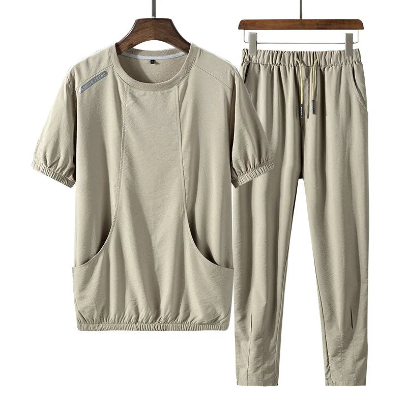 Men's Sports Leisure Suit Ice Silk 2021 Summer New Korean Trend Short-sleeved Tide Brand Fashion Men's Clothing