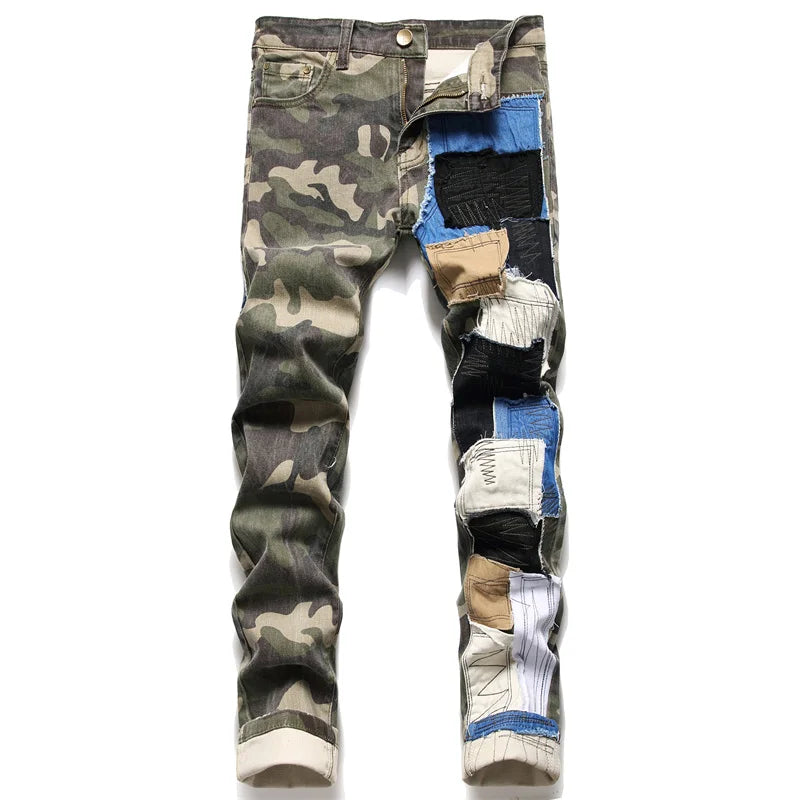 Men's Jeans Casual Biker Pants Designer Splice Patchwork Slim Skinny Blue Jeans  Plus Size 38 40 Dropshipping
