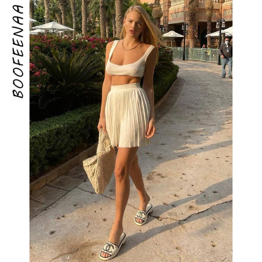 BOOFEENAA Sexy Knit Sweater 2 Piece Sets Womens Vacation Outfits Summer 2023 Crop Top Mini Skirt Suits Y2k Dress C88-EB30