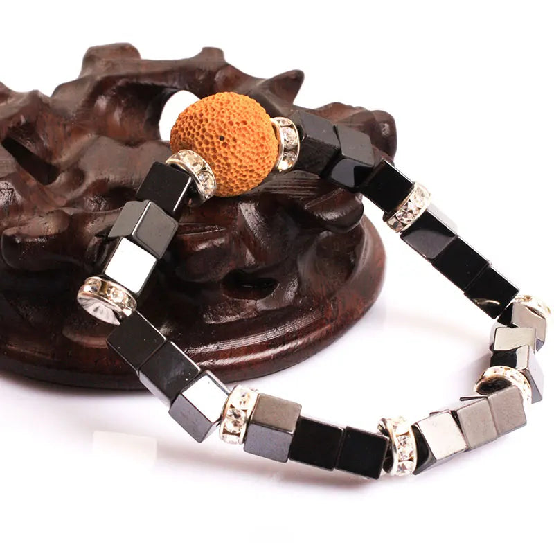 Magnetic Bracelet Beads Hematite Stone Therapy Health Care Magnet Cube Hematite Beads Bracelet For Men's Jewelry Gifts 7 inch