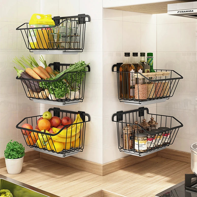 Black Stainless Steel Kitchen Wall Hanging Storage Basket Spice Rack Fruit Vegetables Drainer Organizer Dish Tools Drying Shelf