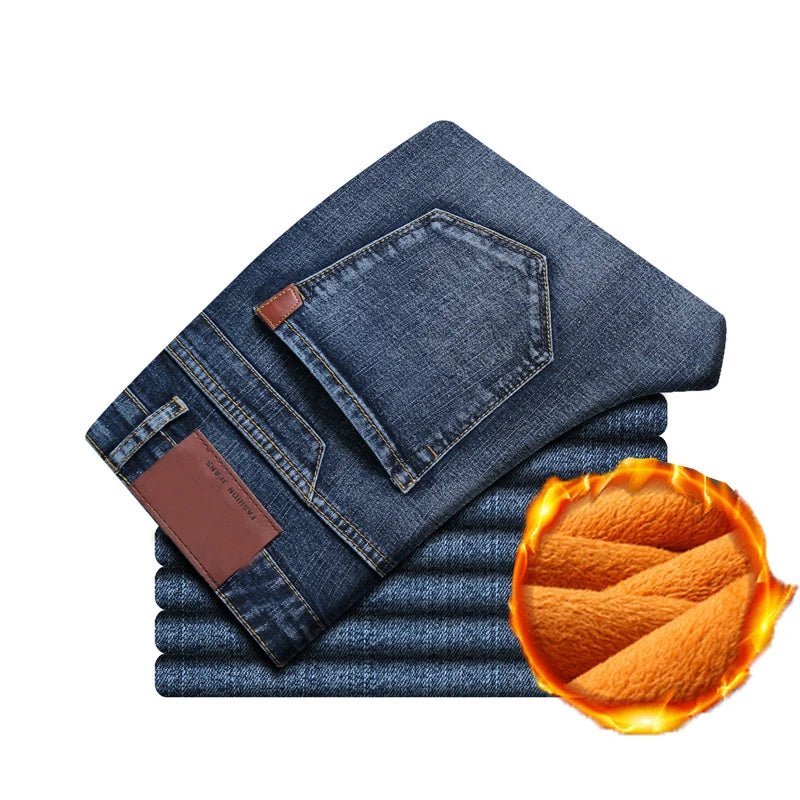 Fleece Warm Men's Jeans 2022 New Straight Winter Classic Business Casual Thickening Elastic Brand Pants Blue Black Jeans