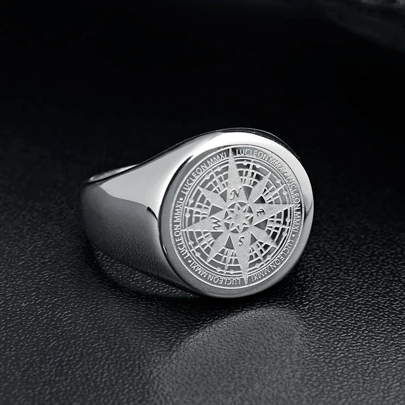 Men's Signet Ring Round Engrave Compass Ring for Men Women Stainless Stainless Simple Silver Tone Rings Jewelry Drop Shipping