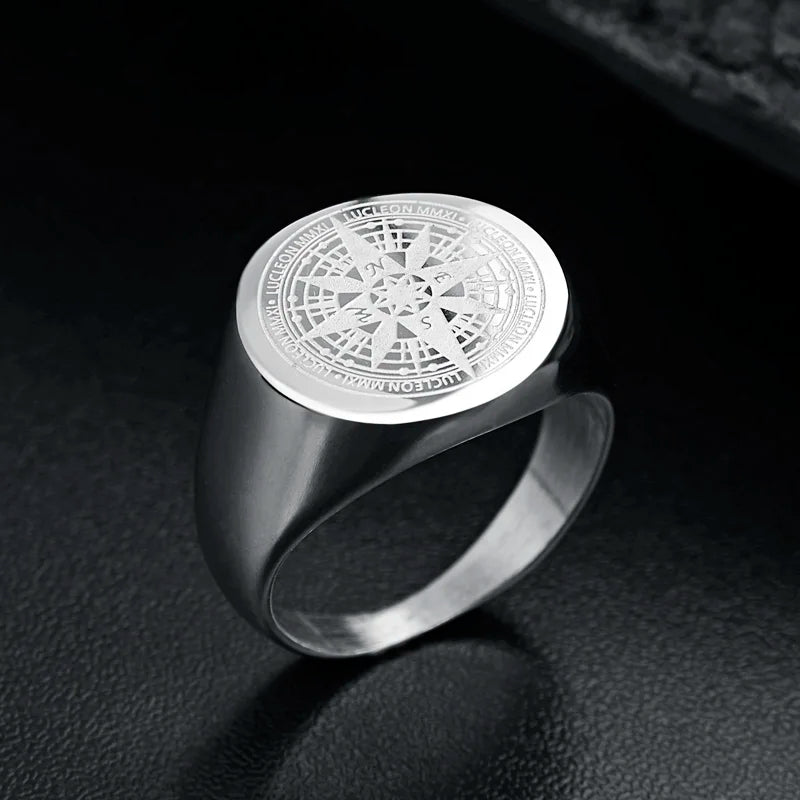 Men's Signet Ring Round Engrave Compass Ring for Men Women Stainless Stainless Simple Silver Tone Rings Jewelry Drop Shipping