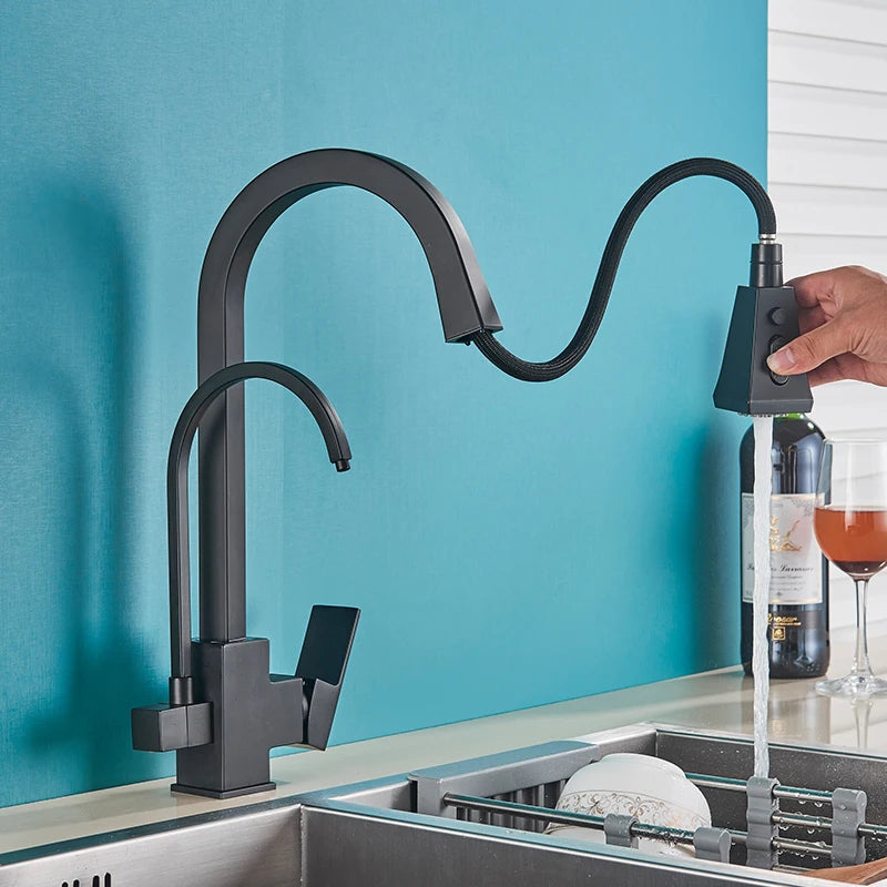 Quyanre Matte Black Square Filtered Kitchen Faucet Pull Out 360 Rotation Hot Cold Water Crane For Kitchen Drinking Water Taps