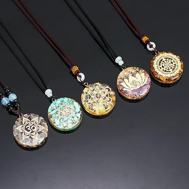 Orgonite Energy Lotus Pendant Necklace Turquoises Reiki Om Yoga Healing EMF Resin Sri Yantra Necklace Jewelry Gifts Dropshipping