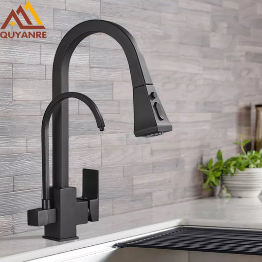 Quyanre Matte Black Square Filtered Kitchen Faucet Pull Out 360 Rotation Hot Cold Water Crane For Kitchen Drinking Water Taps