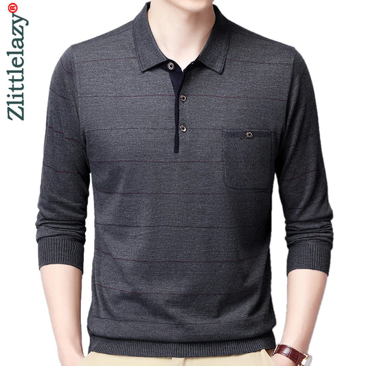 2022 Pocket Long Sleeve Polo Tee Shirt Men Casual Striped Men's Clothing Polos Shirts Mens Fashion Slim Fit Poloshirt Tops 4600