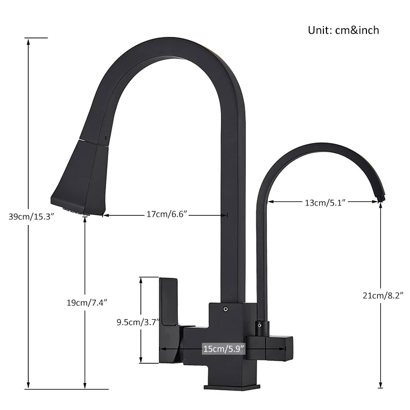 Quyanre Matte Black Square Filtered Kitchen Faucet Pull Out 360 Rotation Hot Cold Water Crane For Kitchen Drinking Water Taps