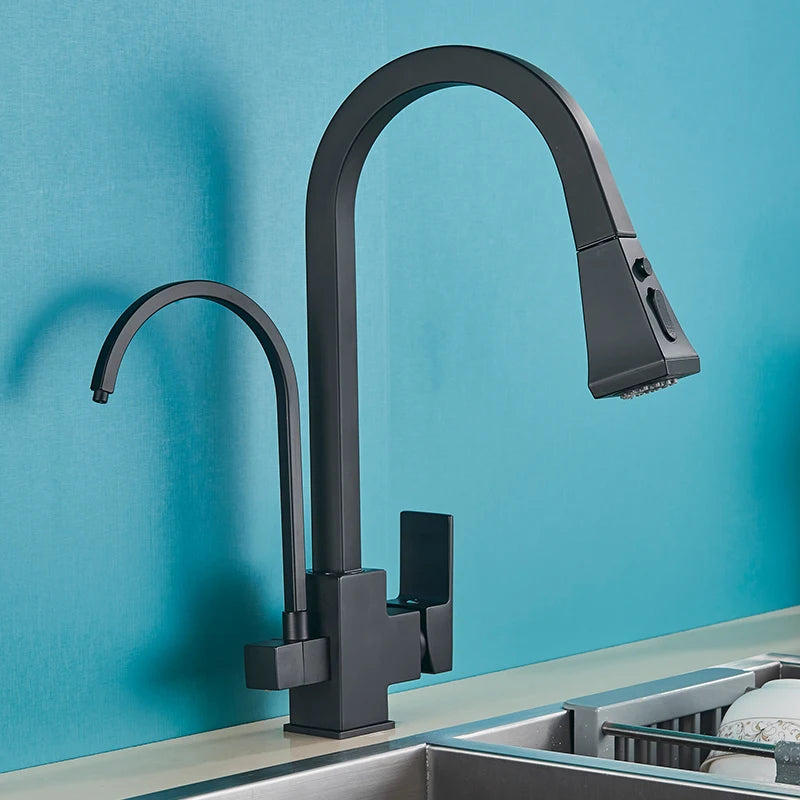 Quyanre Matte Black Square Filtered Kitchen Faucet Pull Out 360 Rotation Hot Cold Water Crane For Kitchen Drinking Water Taps