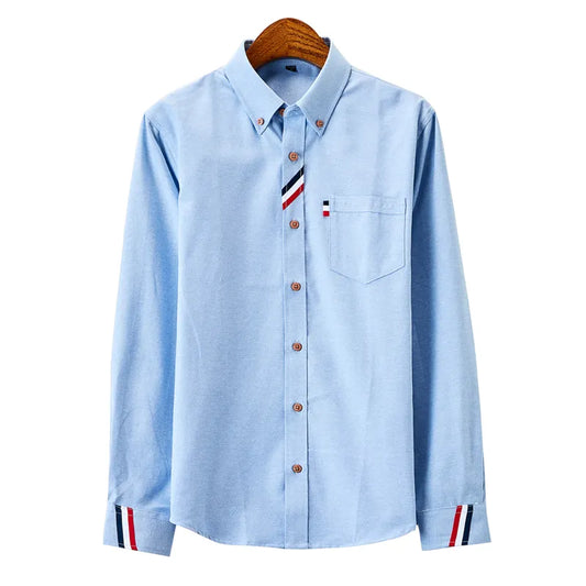 Men's clothing Casual Solid Oxford Dress  White Shirt Single Patch Pocket Long Sleeve Regular-fit Button-down Thick Shirts