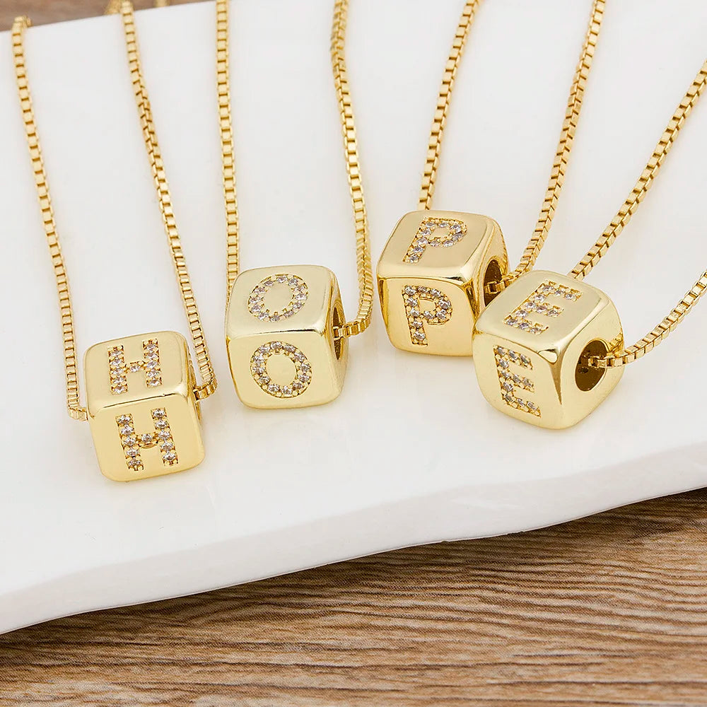 Nidin Hot Sale A-Z Initials Micro Pave Copper Cube Letter Pendant Necklaces For Women Men Charm Chain Family Name Jewelry Gift