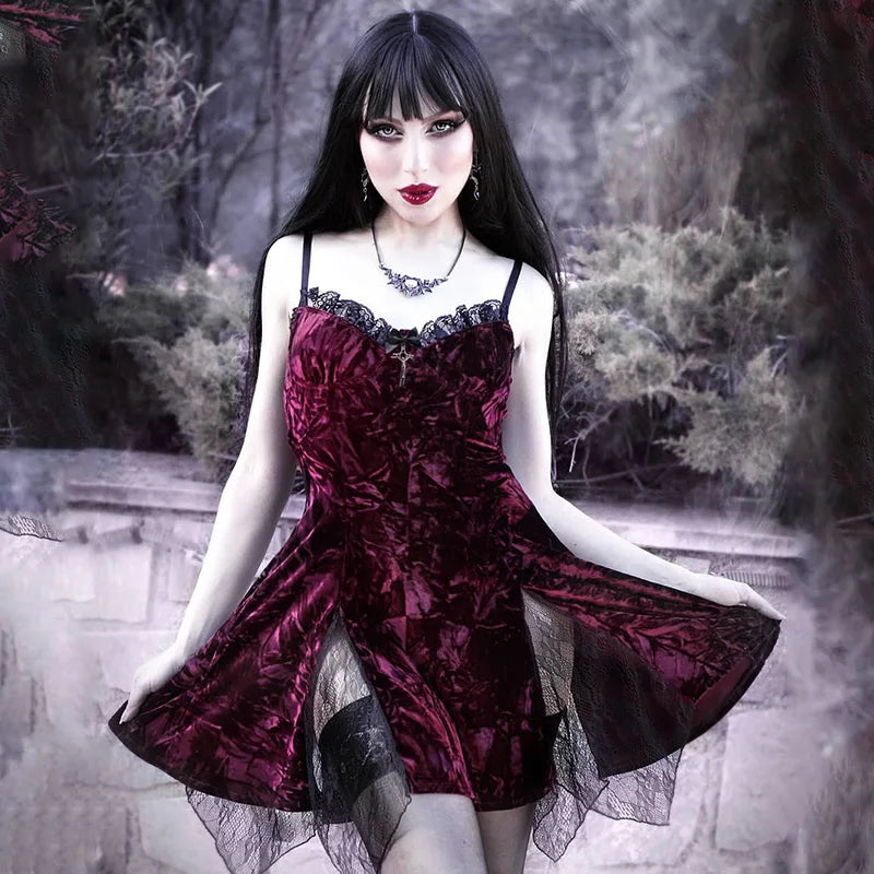 InsDoit Mall Gothic Velvet Summer Dress Women Vintage Punk Grunge Lace Sexy Dress Harajuku Print Streetwear Y2K Aesthetic Dress