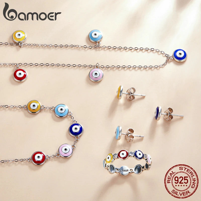 Bamoer 925 Sterling Silver Guardian Eye Ring Colorful Devil Eyes Finger Rings for Women Statement Fashion Jewelry SCR742