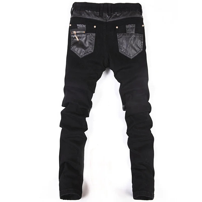 New Fashion Men Leather Pants Patchwork Casual Skinny Men's Motorcycle Jeans High Quality Men's Slim Trousers Jeans Size 28-36